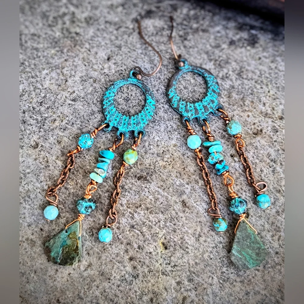 Genuine Turquoise In Green-Blue Patina Verdigris Chandelier Earrings In Copper